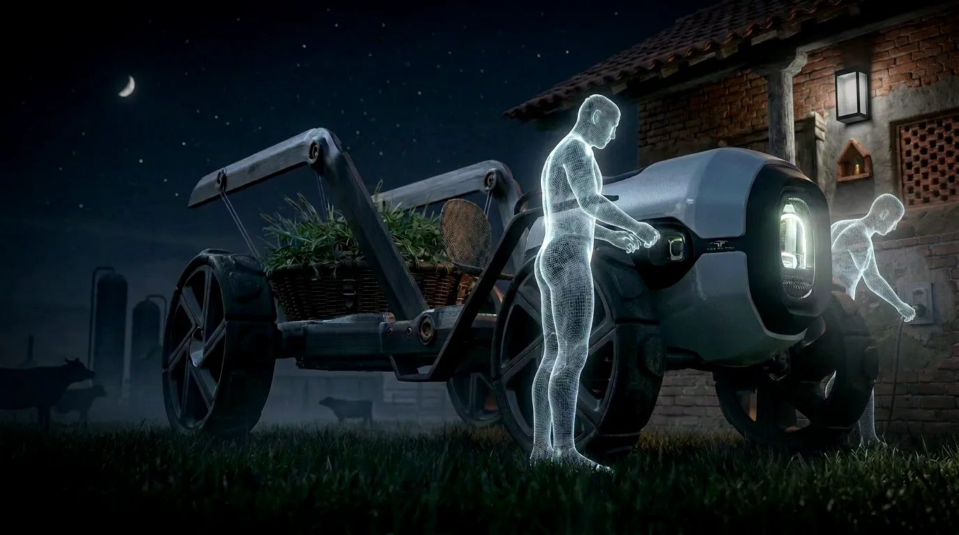 The vehicle at night outside a village house