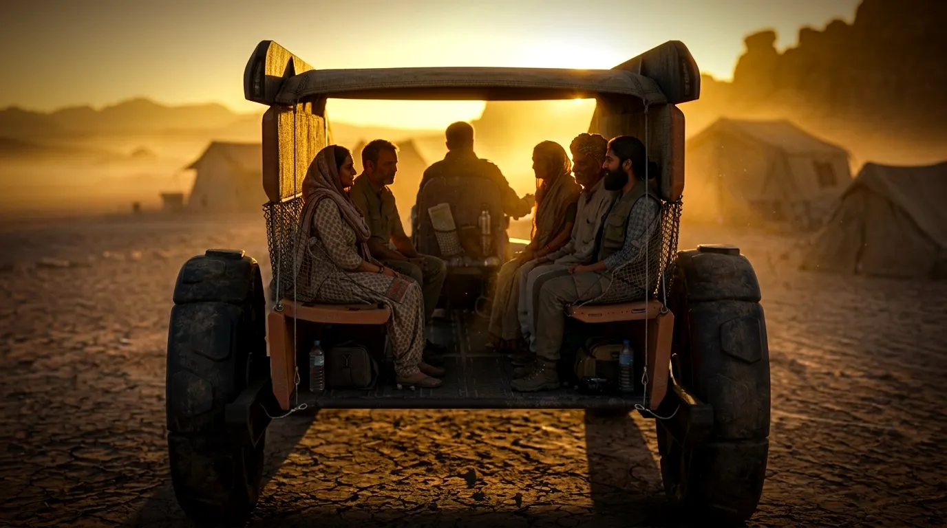 Villagers riding together in the back of the vehicle at sunset