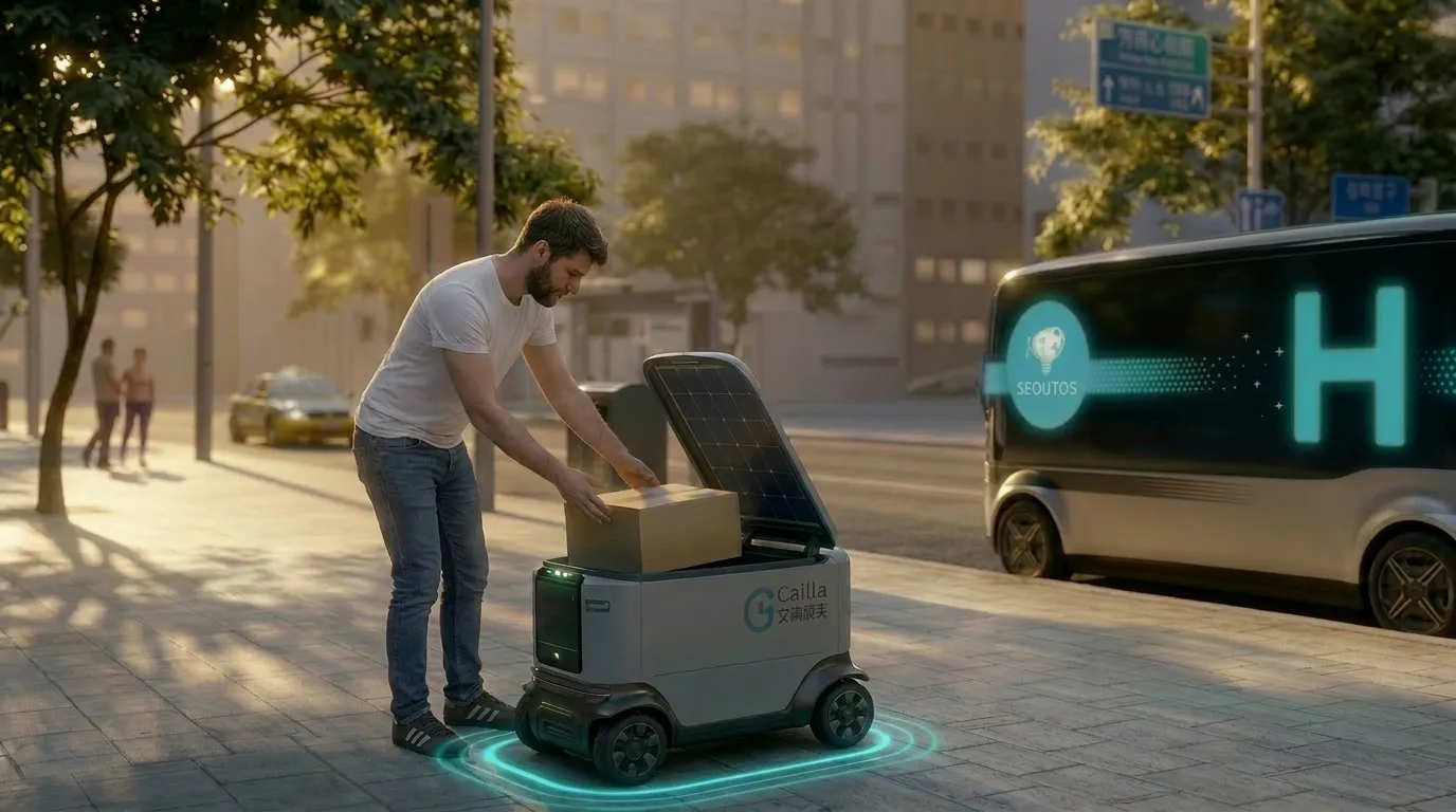 A delivery pod scanning a customer’s face to hand over a parcel